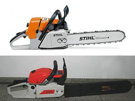 : Вверху: оригинал STIHL MS 440Внизу: грубая подделка с наклейкой «STIHL MS 440»