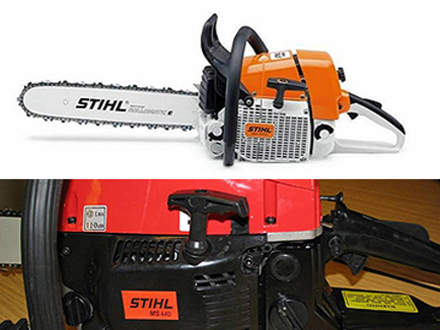 : Вверху: оригинал STIHL MS 440Внизу: грубая подделка с наклейкой «STIHL MS 440», но без цветовой гаммы STIHL